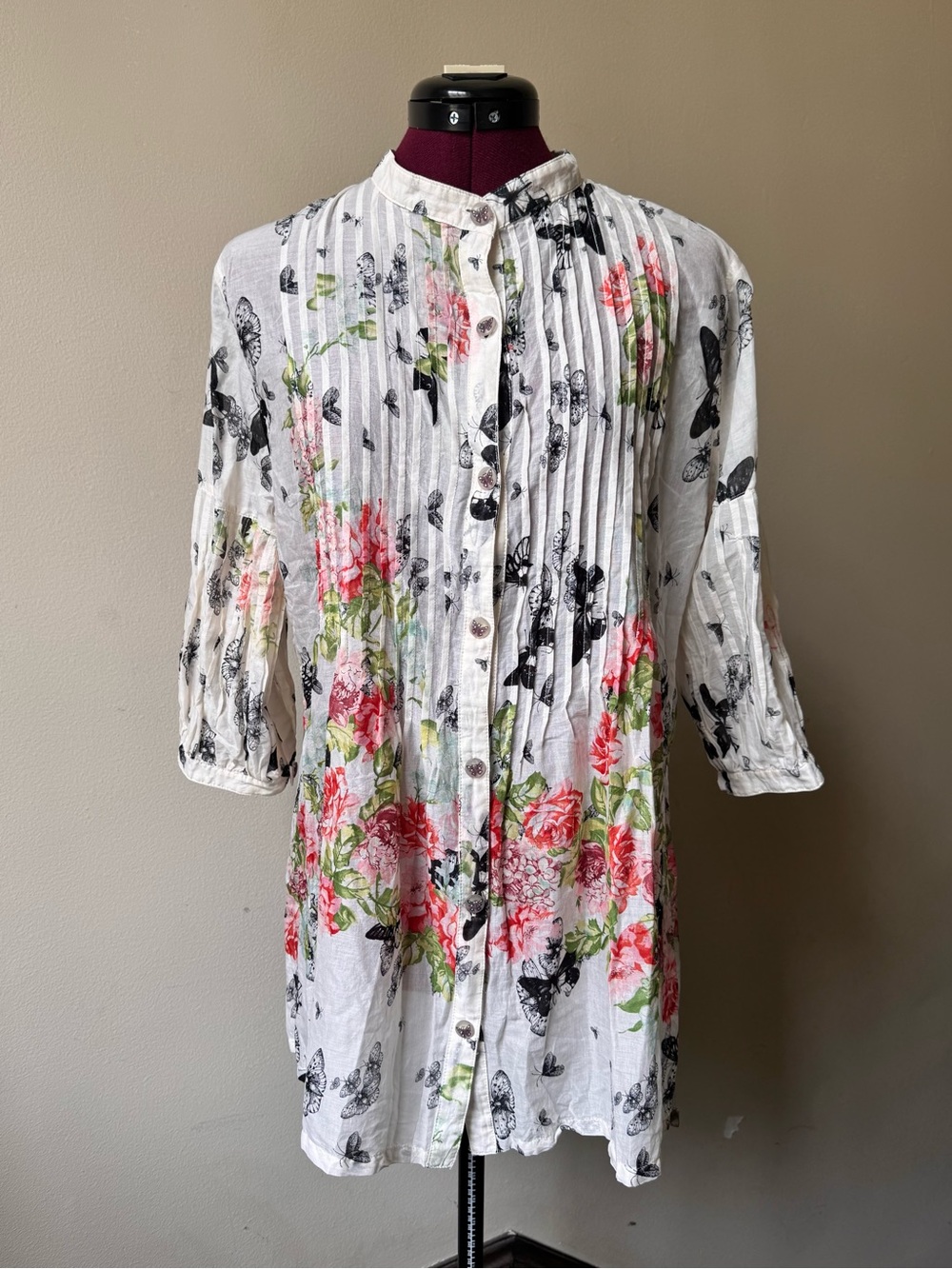 Butterflies and Roses Flowers Tunic Blouse Long Sleeve